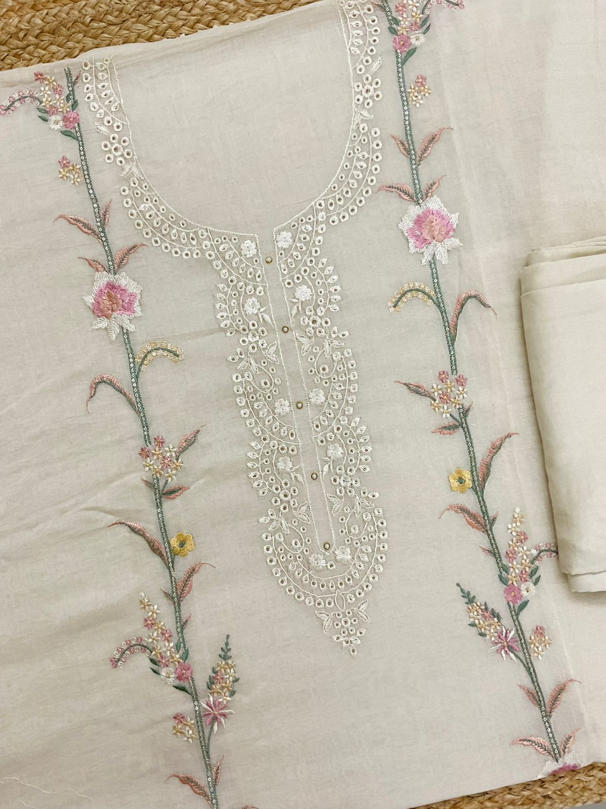 Pure Mul Chanderi Embroidered Suit - Offwhite