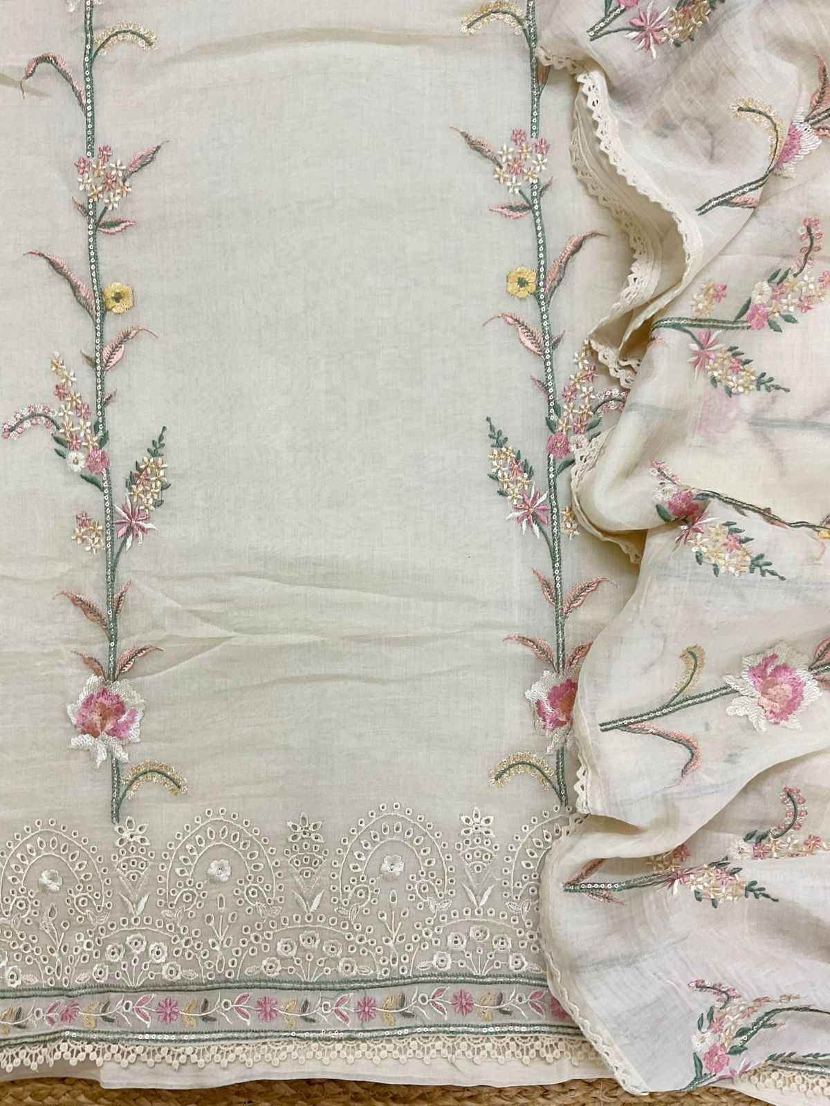 Pure Mul Chanderi Embroidered Suit - Offwhite