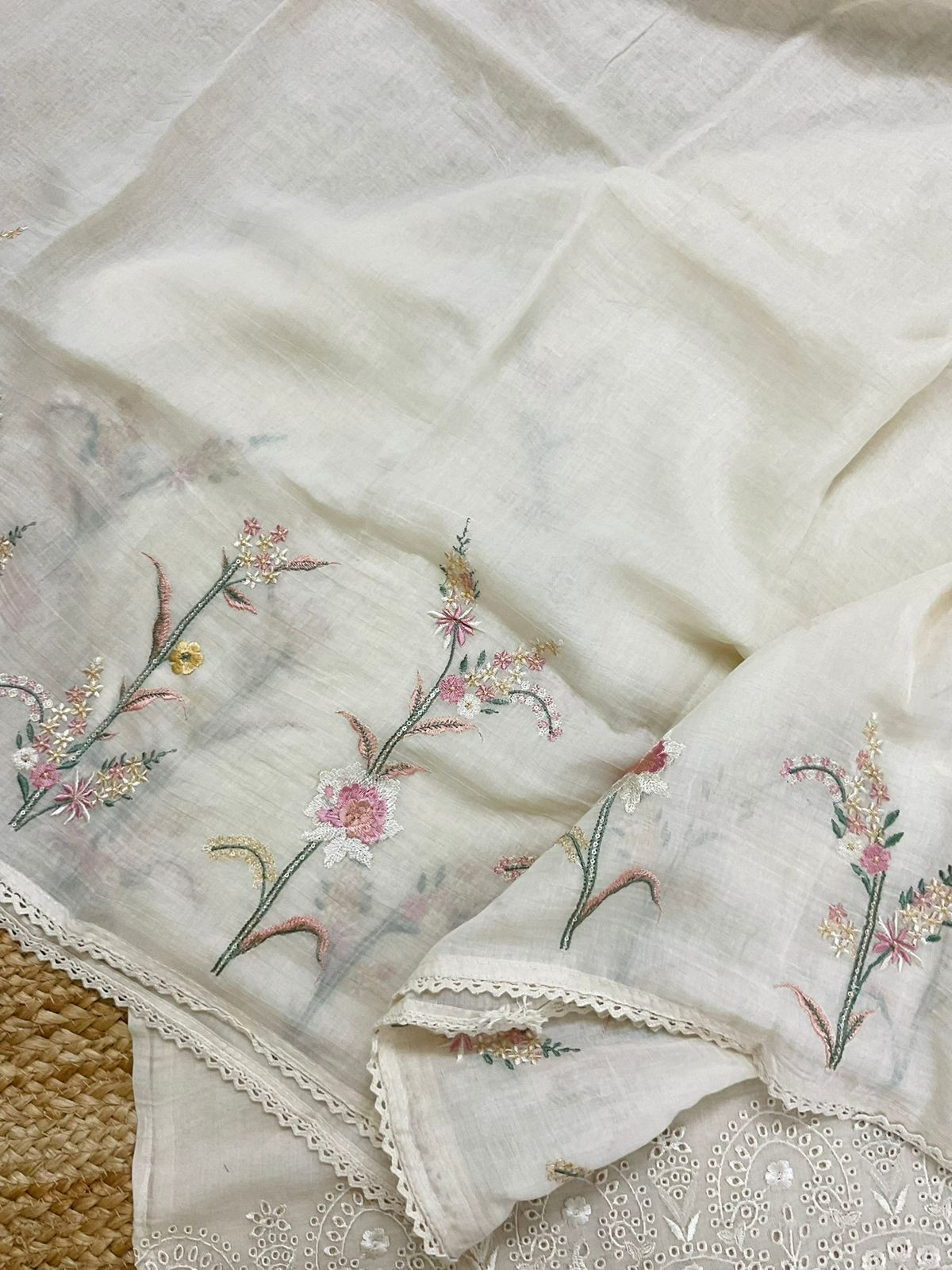 Pure Mul Chanderi Embroidered Suit - Offwhite