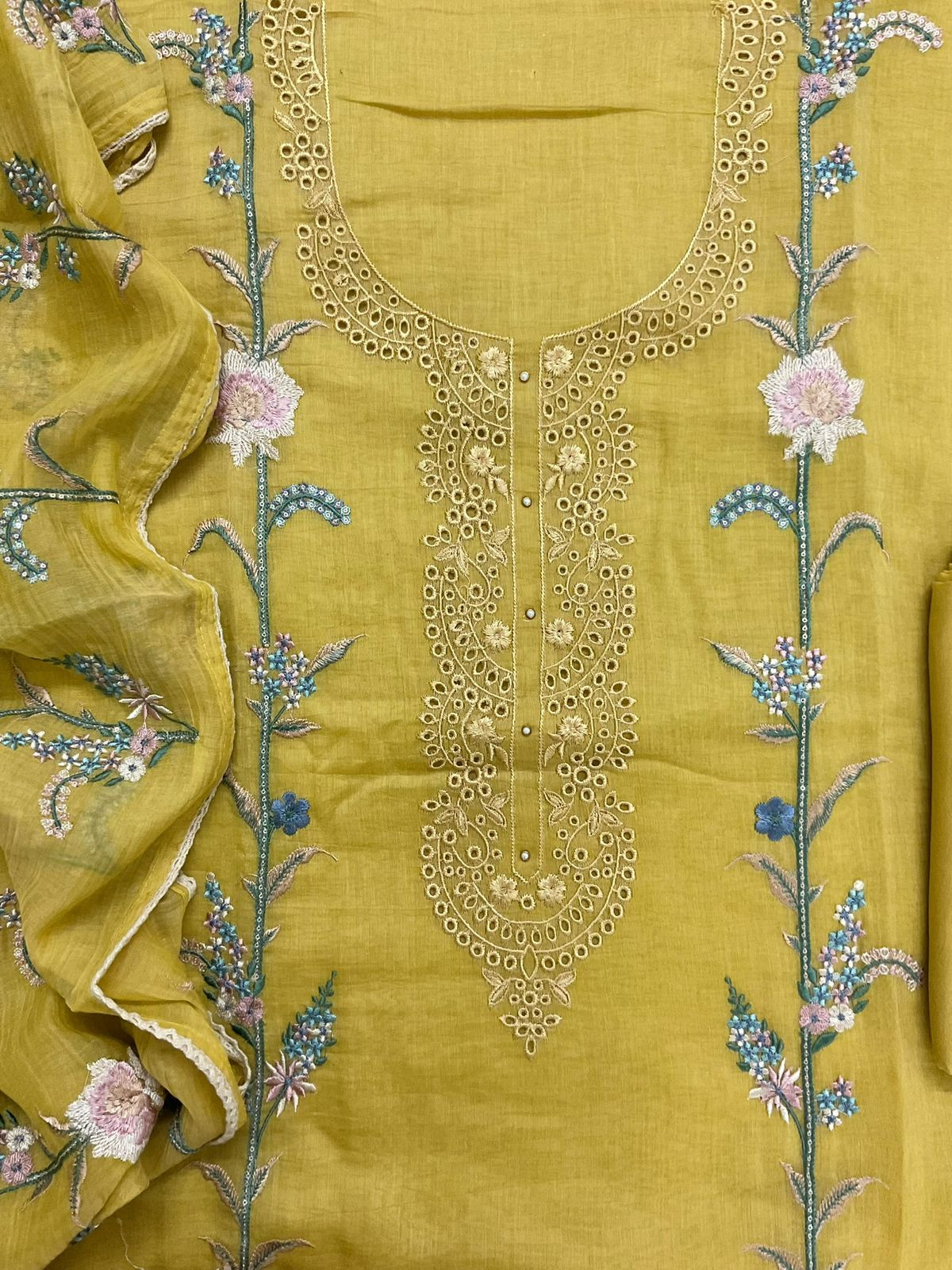 Pure Mul Chanderi Embroidered Suit - Yellow