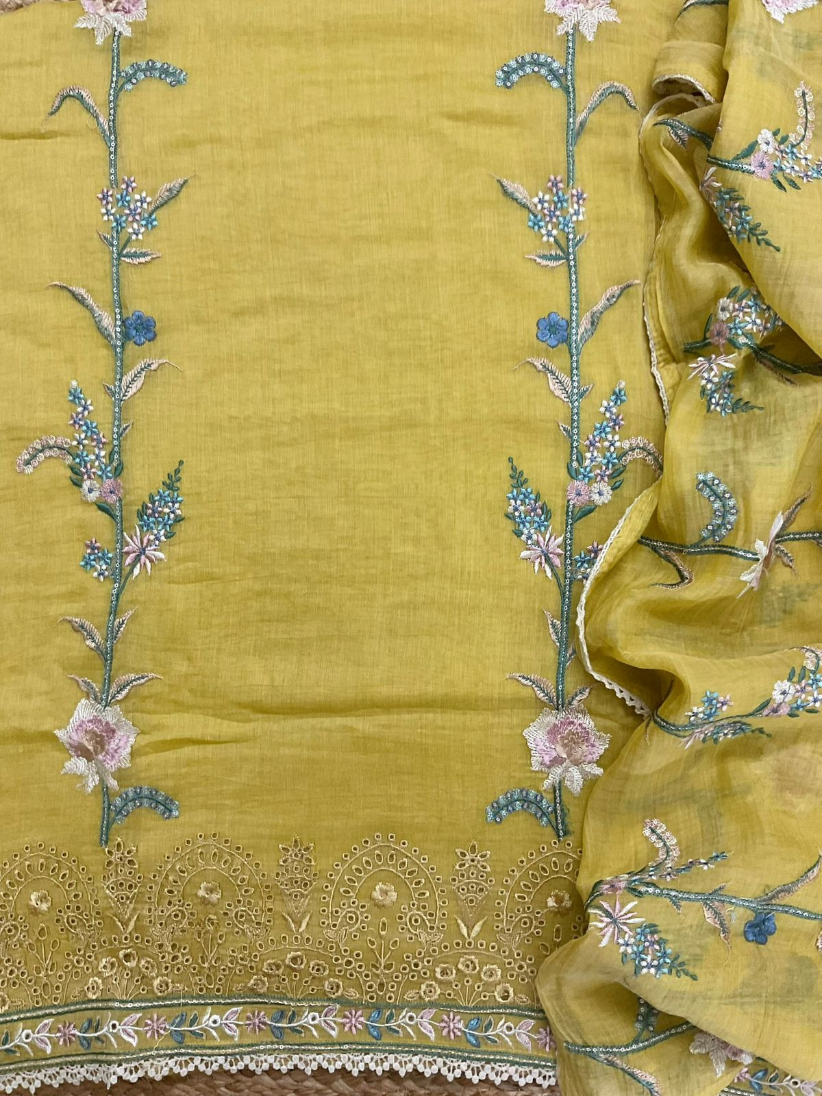 Pure Mul Chanderi Embroidered Suit - Yellow