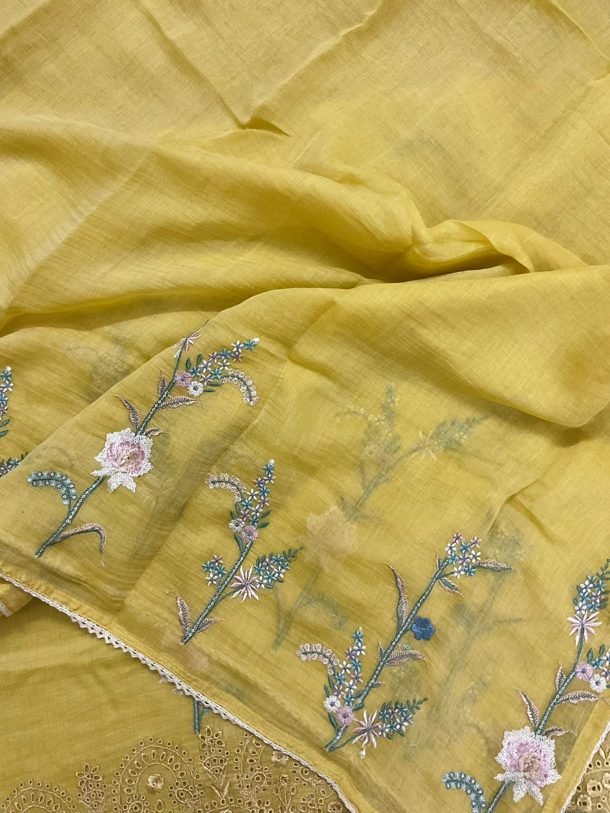 Pure Mul Chanderi Embroidered Suit - Yellow