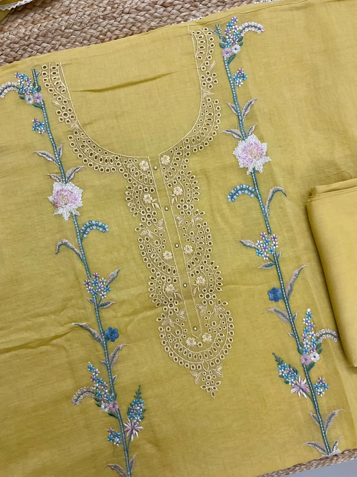 Pure Mul Chanderi Embroidered Suit - Yellow