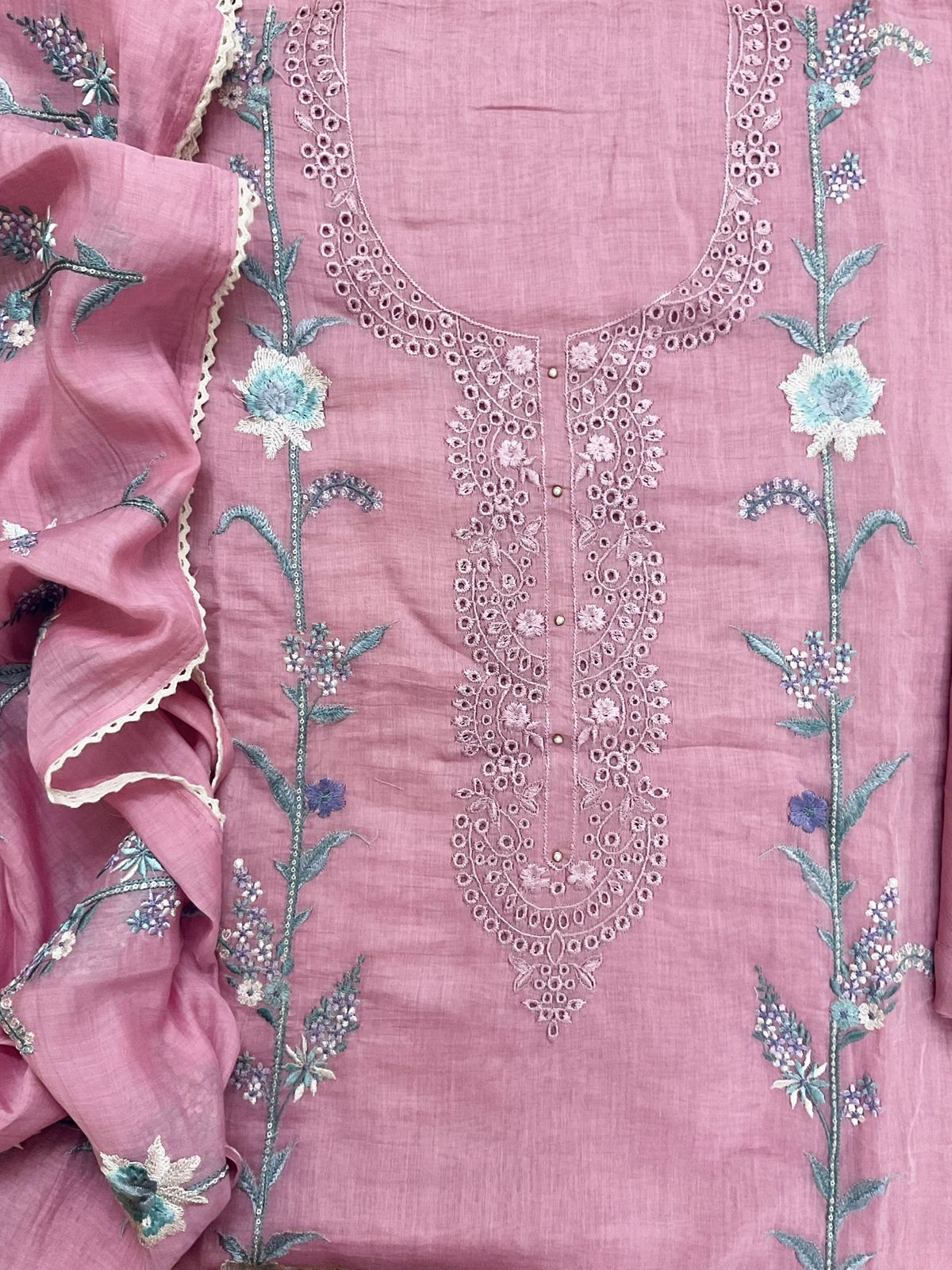 Pure Mul Chanderi Embroidered Suit - Pink