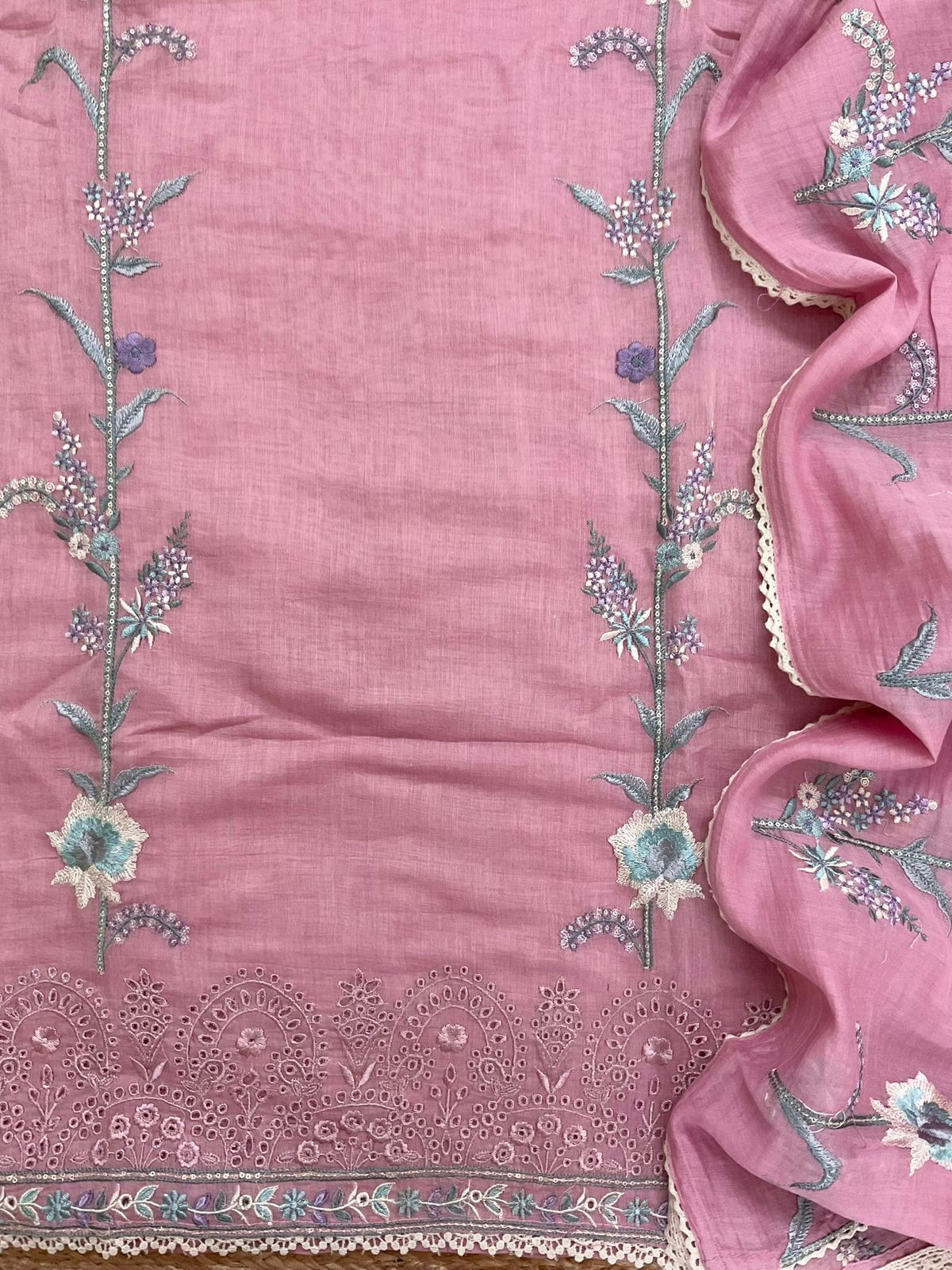 Pure Mul Chanderi Embroidered Suit - Pink