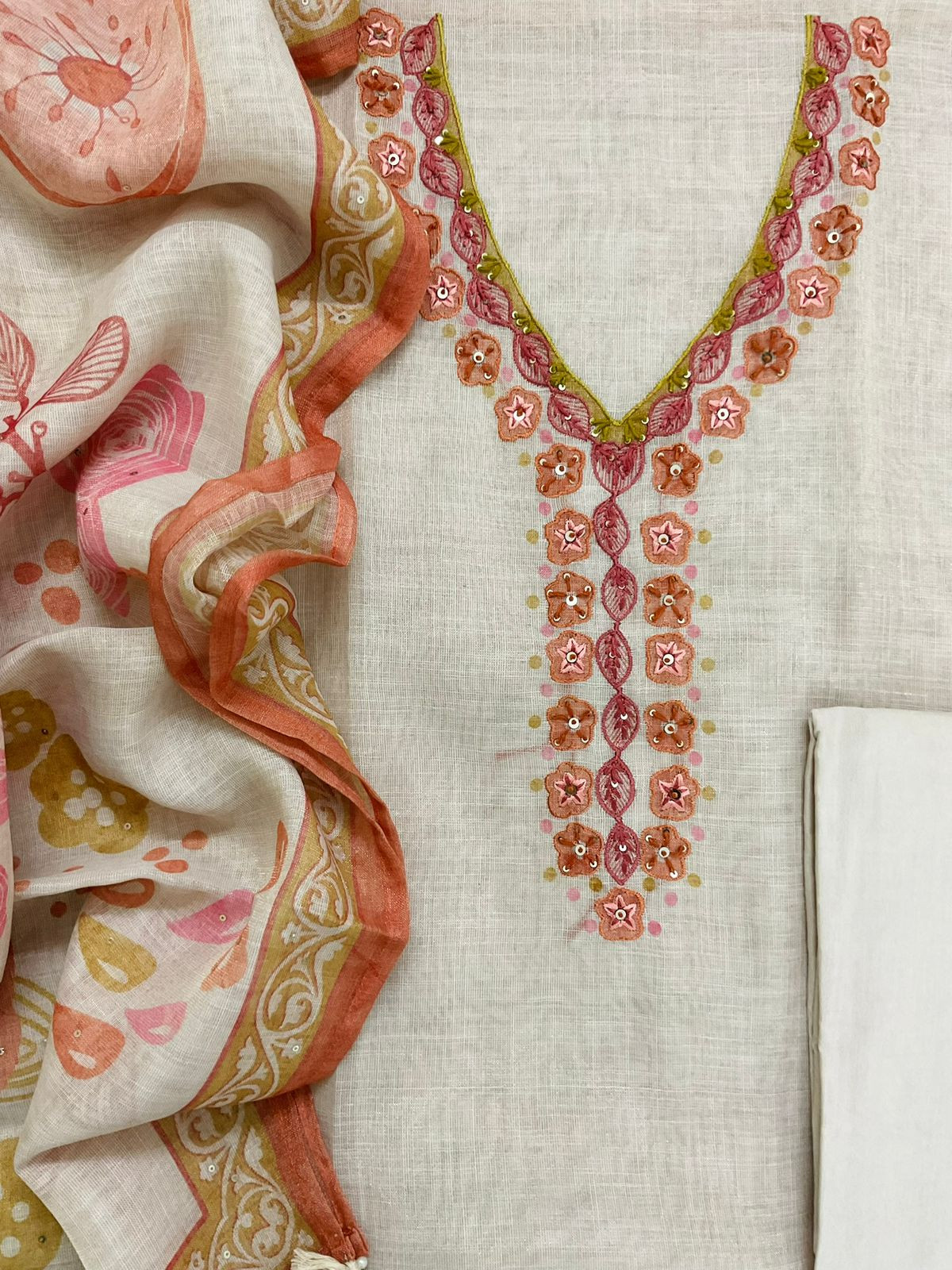 Soft Tissue Slub Cotton Printed Embroidered Suit - Beige