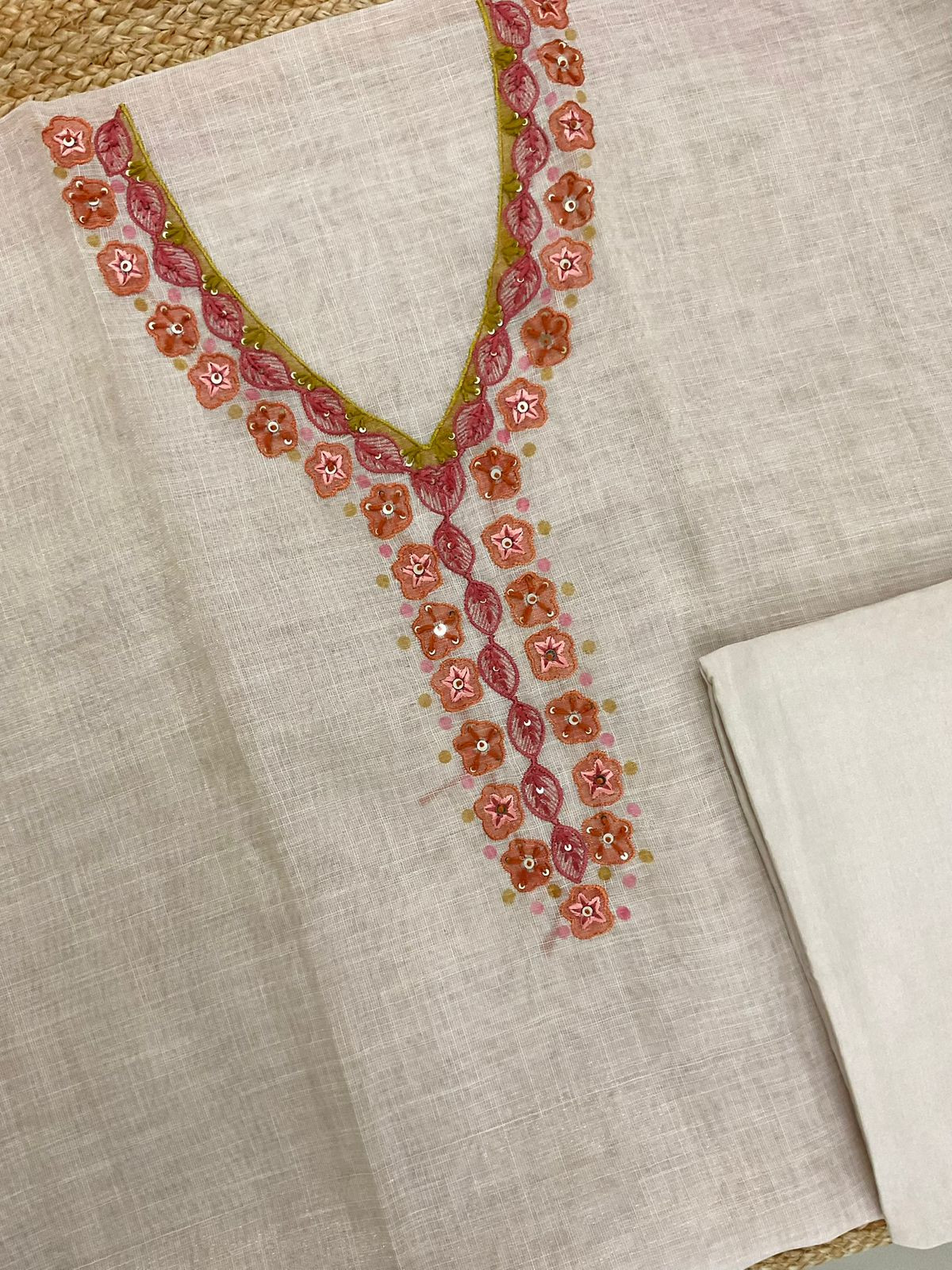 Soft Tissue Slub Cotton Printed Embroidered Suit - Beige