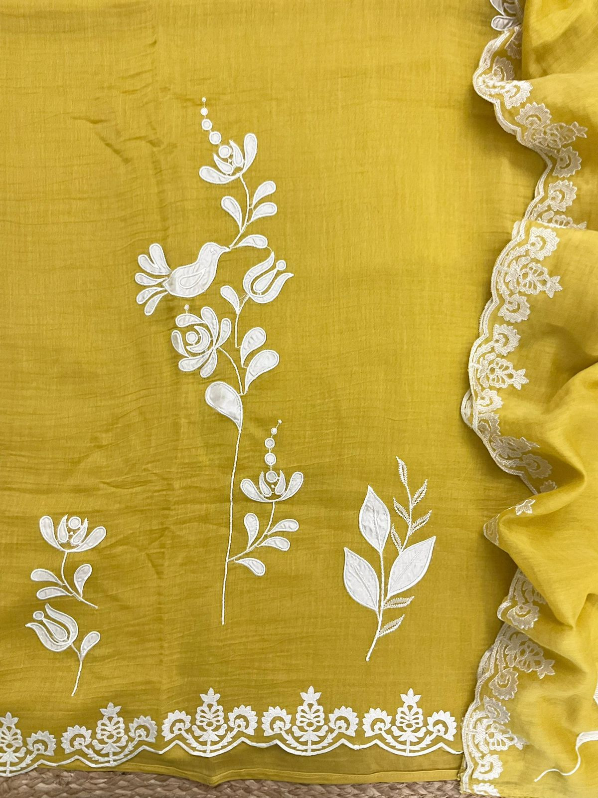 Pure Mul Chanderi Embroidered Suit - Yellow