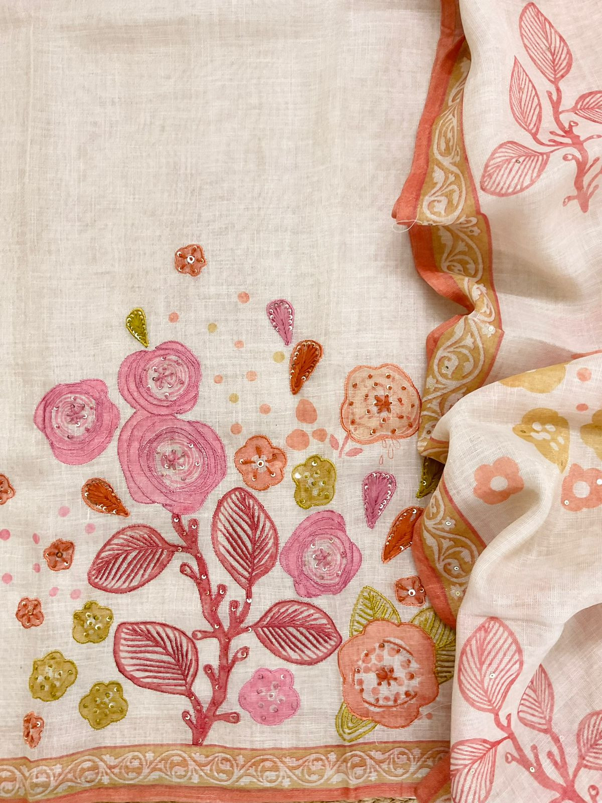 Soft Tissue Slub Cotton Printed Embroidered Suit - Beige