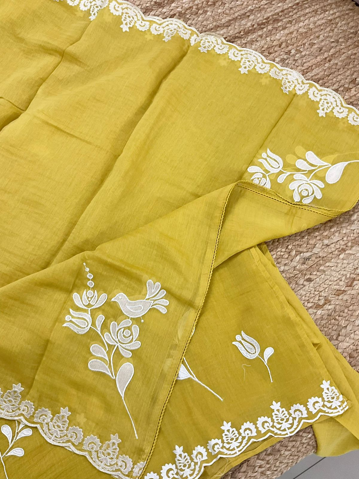 Pure Mul Chanderi Embroidered Suit - Yellow