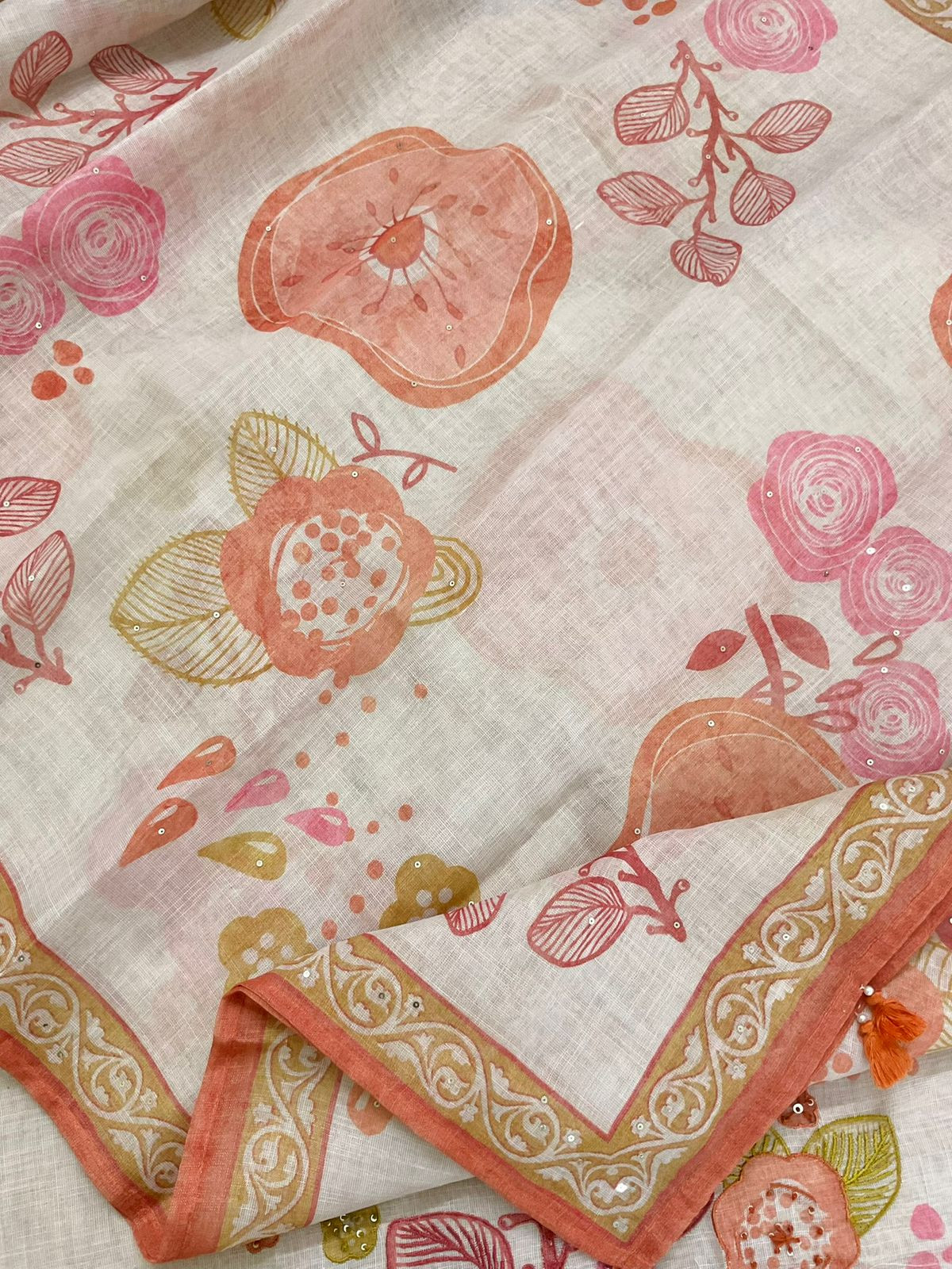 Soft Tissue Slub Cotton Printed Embroidered Suit - Beige