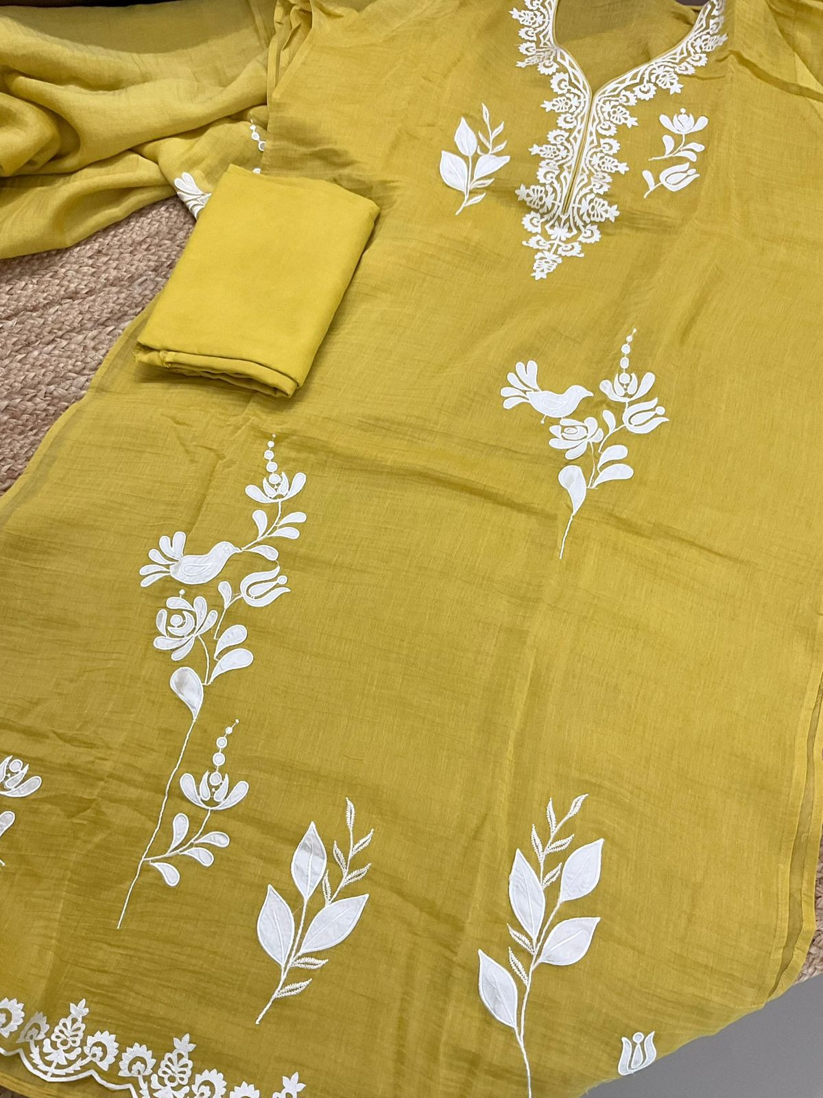 Pure Mul Chanderi Embroidered Suit - Yellow
