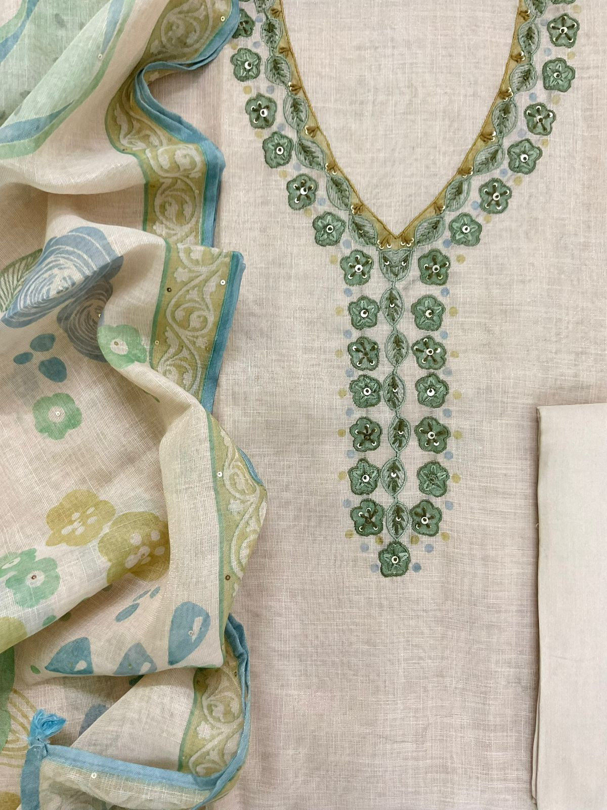 Soft Tissue Slub Cotton Printed Embroidered Suit - Beige