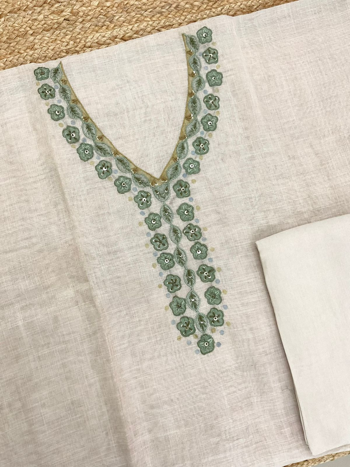 Soft Tissue Slub Cotton Printed Embroidered Suit - Beige