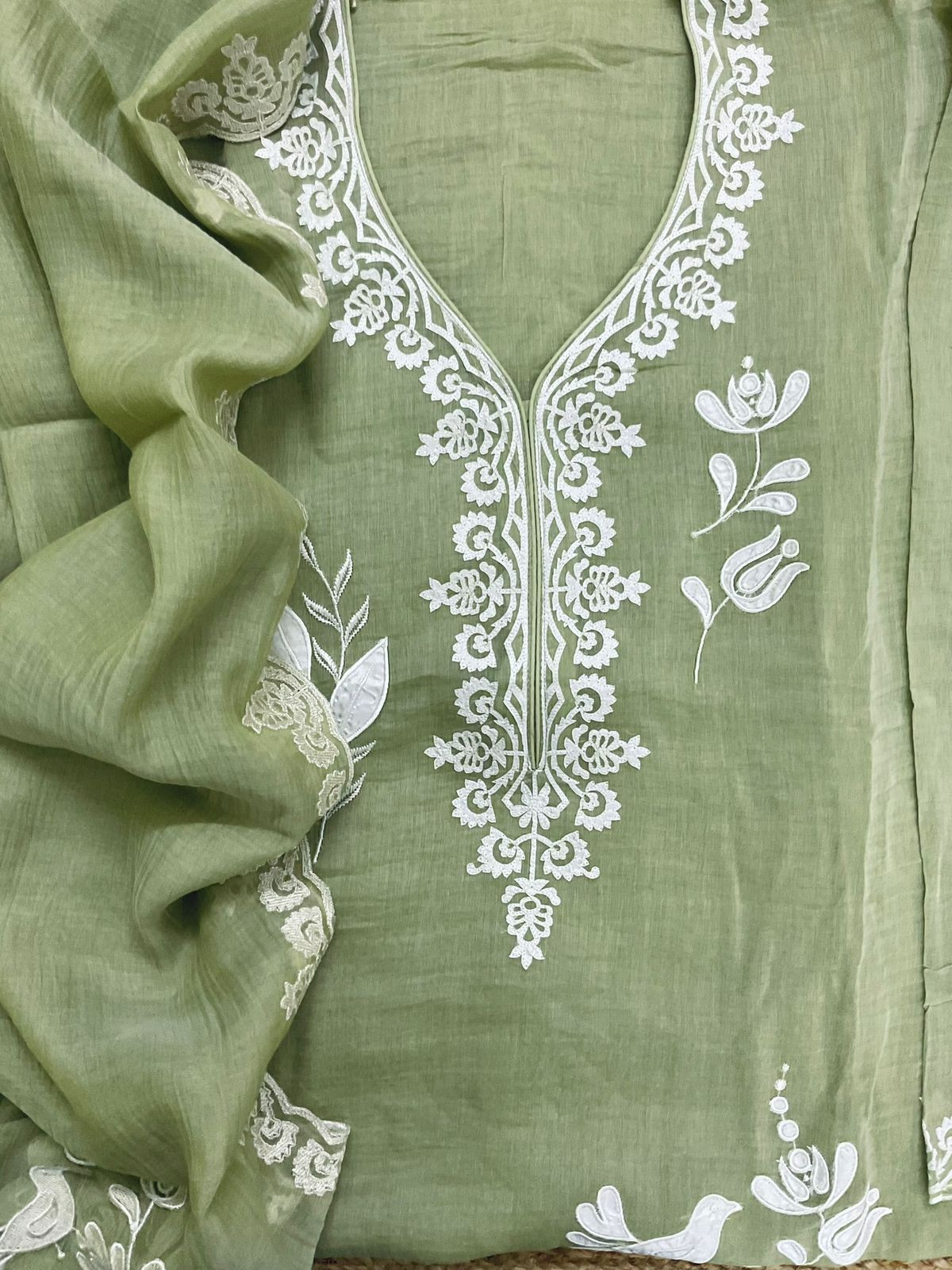 Pure Mul Chanderi Embroidered Suit - Green