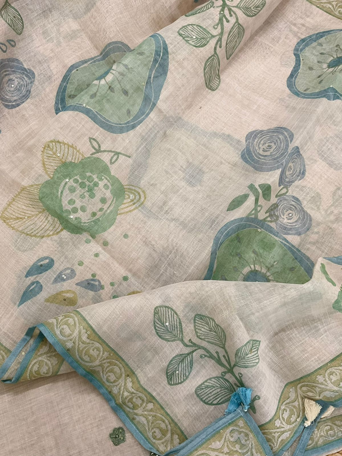 Soft Tissue Slub Cotton Printed Embroidered Suit - Beige