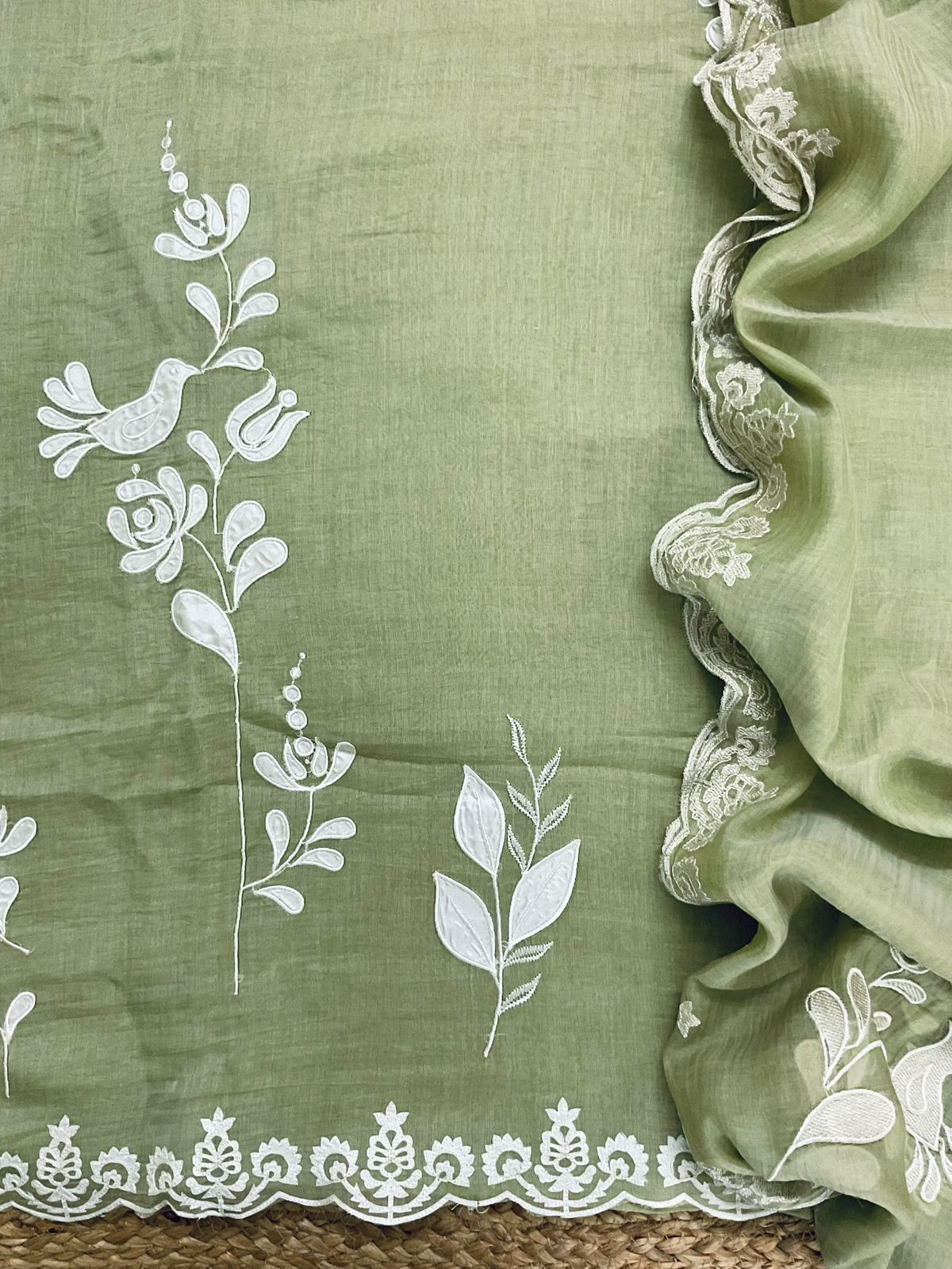Pure Mul Chanderi Embroidered Suit - Green