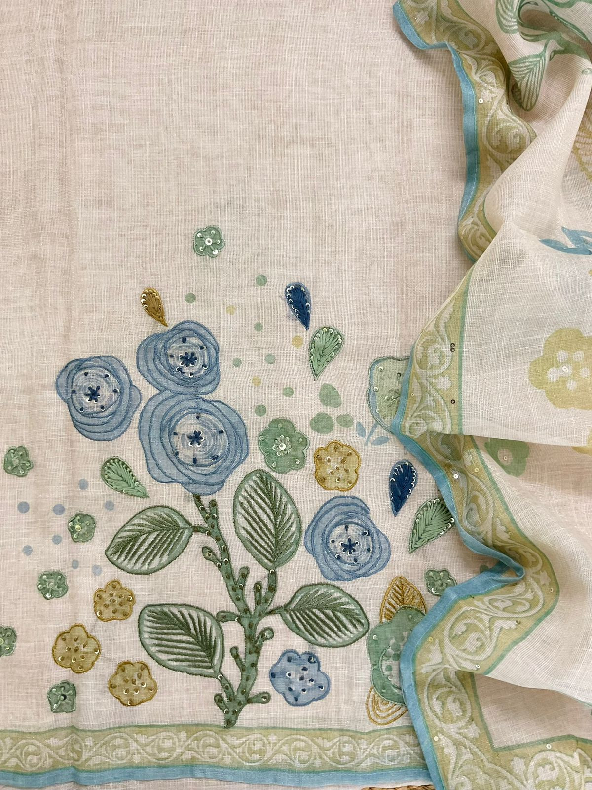 Soft Tissue Slub Cotton Printed Embroidered Suit - Beige