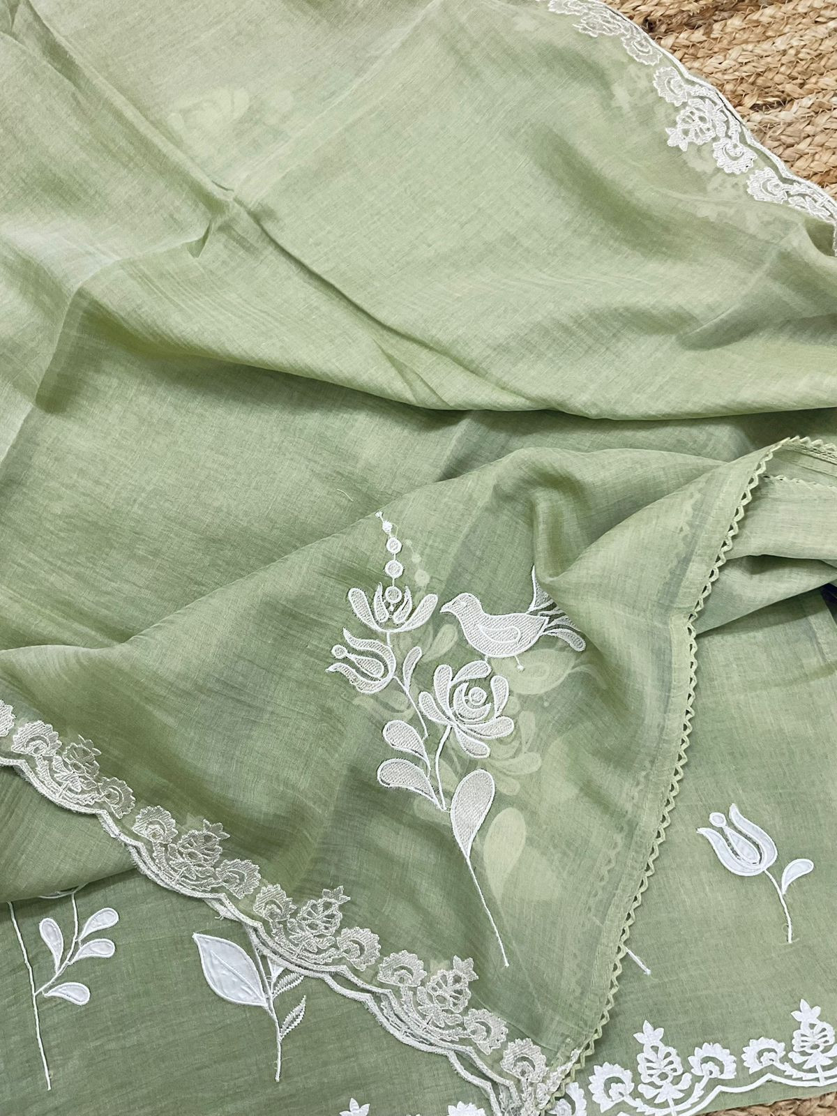 Pure Mul Chanderi Embroidered Suit - Green