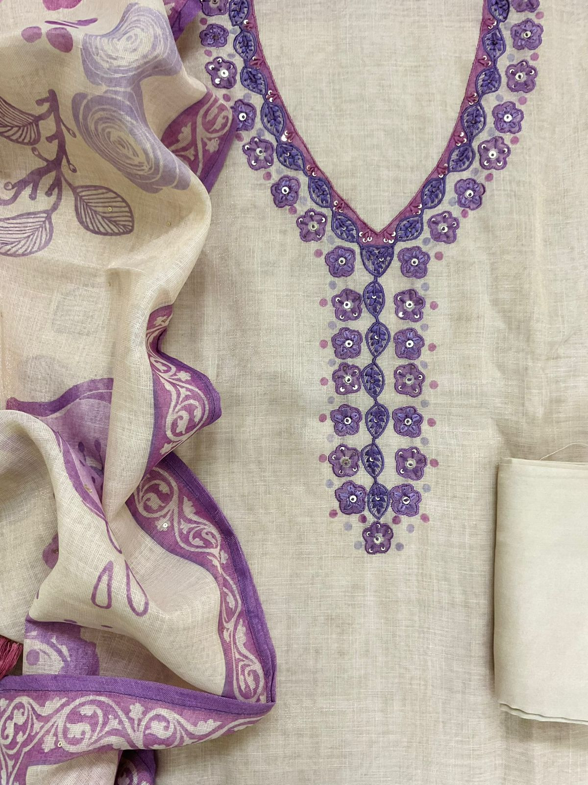 Soft Tissue Slub Cotton Printed Embroidered Suit - Beige