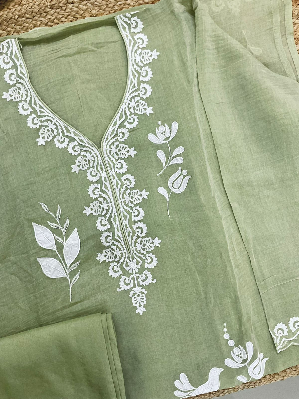 Pure Mul Chanderi Embroidered Suit - Green