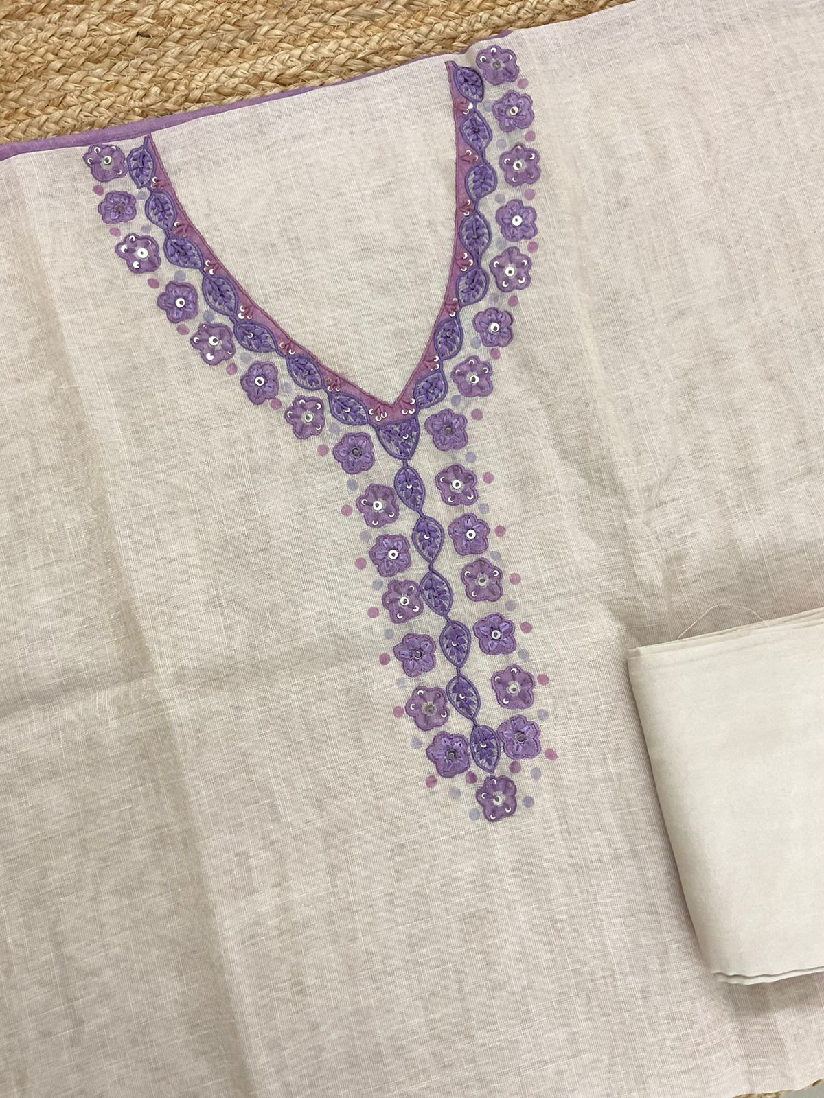 Soft Tissue Slub Cotton Printed Embroidered Suit - Beige