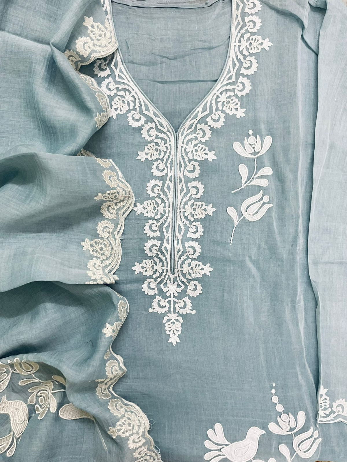 Pure Mul Chanderi Embroidered Suit - Grey