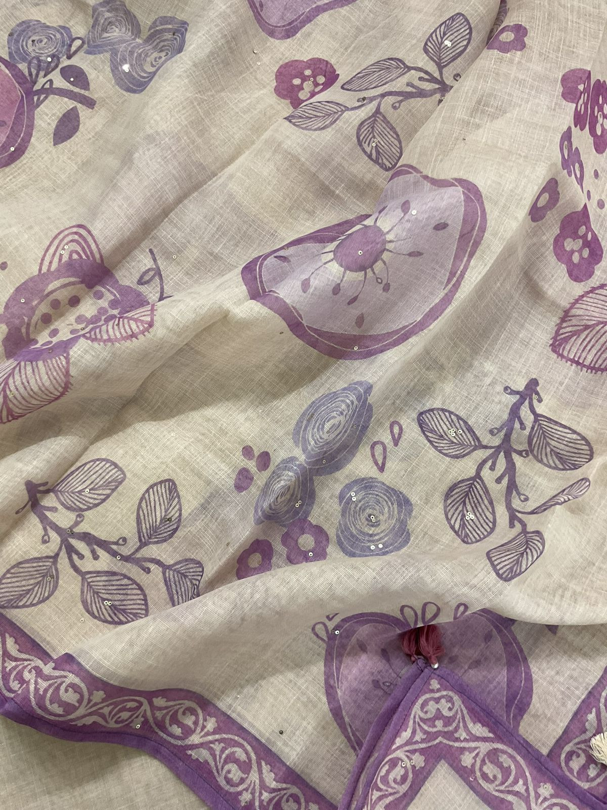 Soft Tissue Slub Cotton Printed Embroidered Suit - Beige