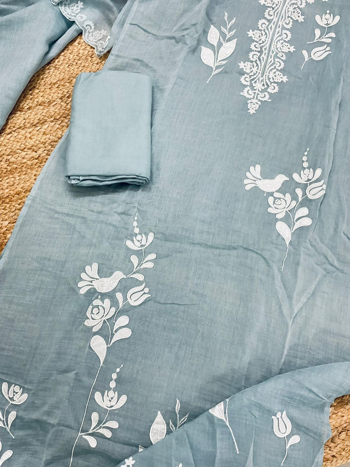 Pure Mul Chanderi Embroidered Suit - Grey