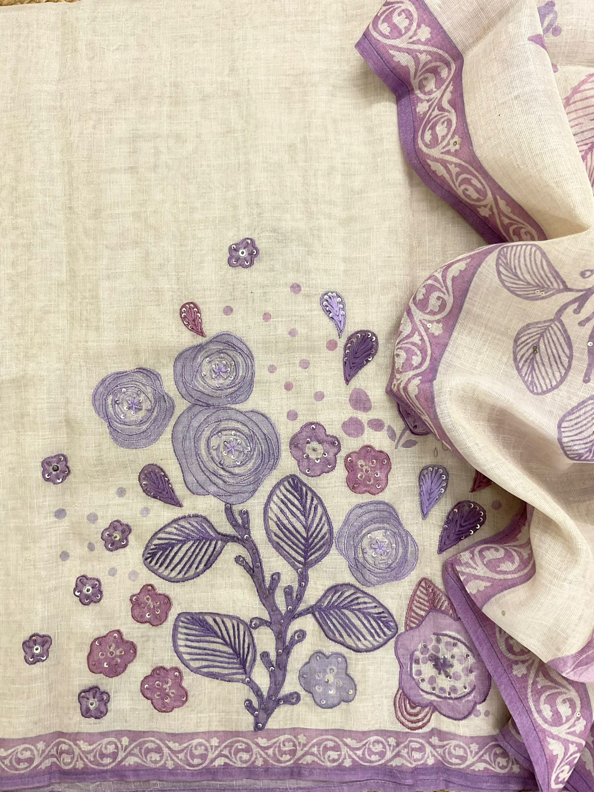 Soft Tissue Slub Cotton Printed Embroidered Suit - Beige