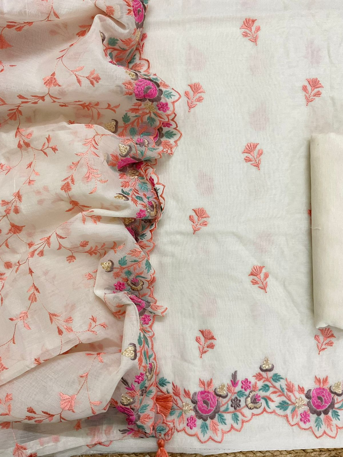 Pure Chanderi Embroidered Suit - Off White