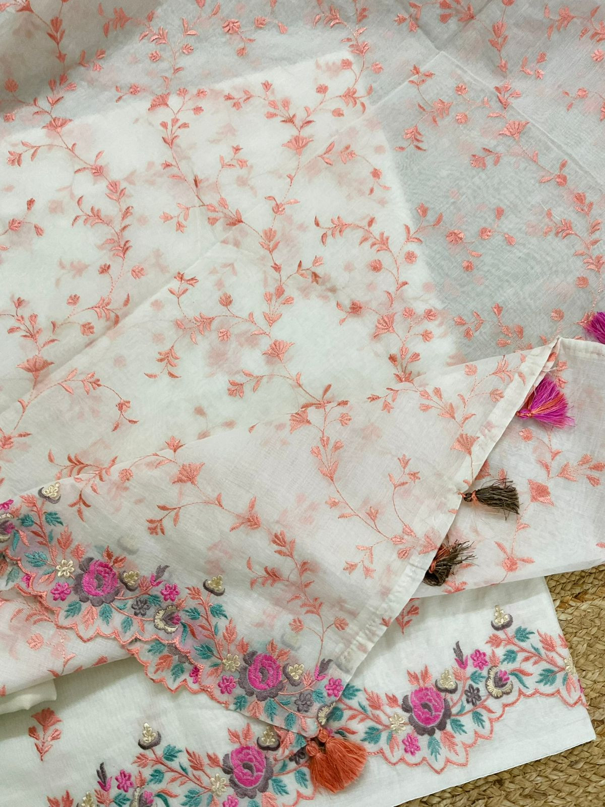 Pure Chanderi Embroidered Suit - Off White