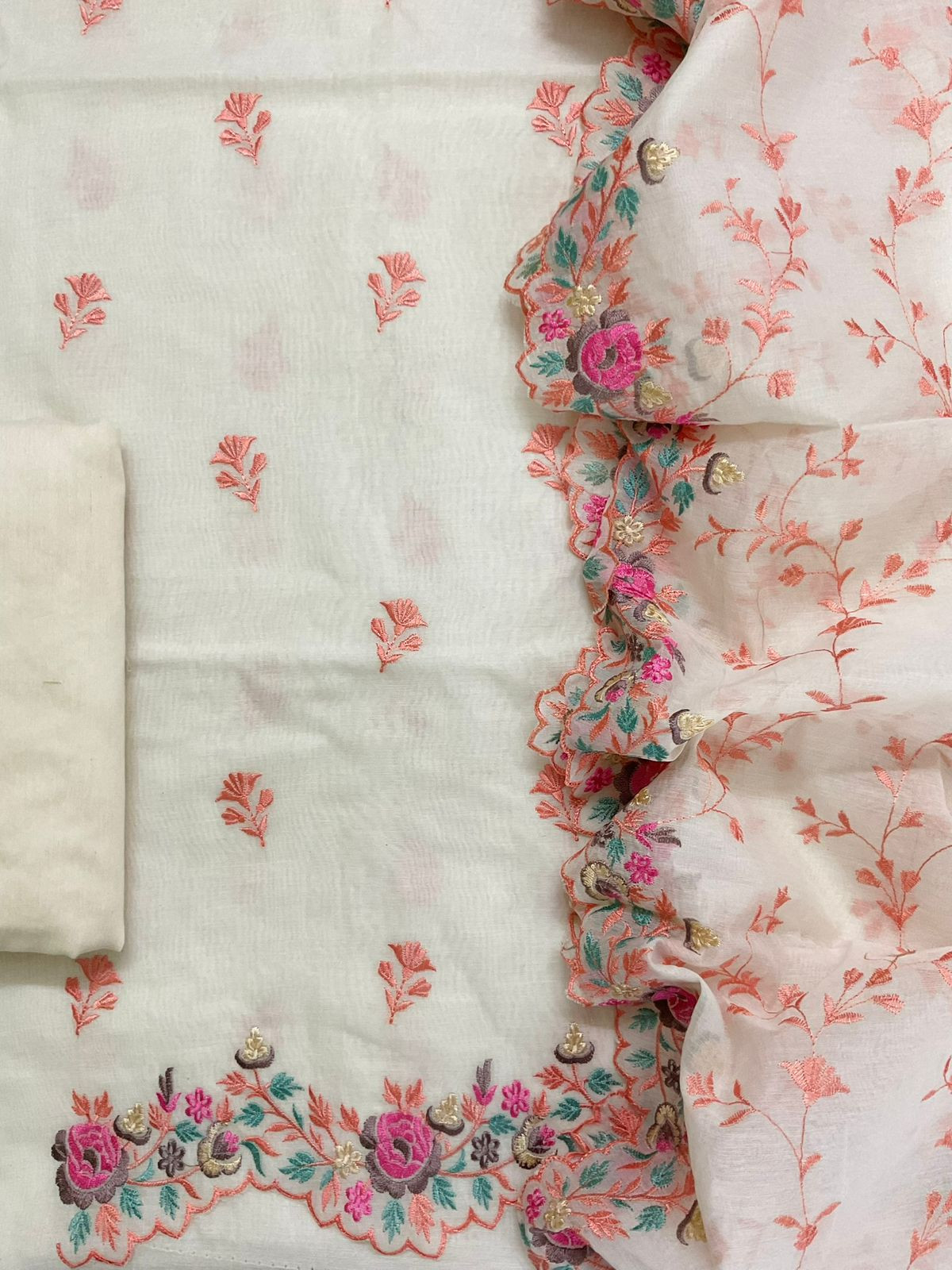 Pure Chanderi Embroidered Suit - Off White