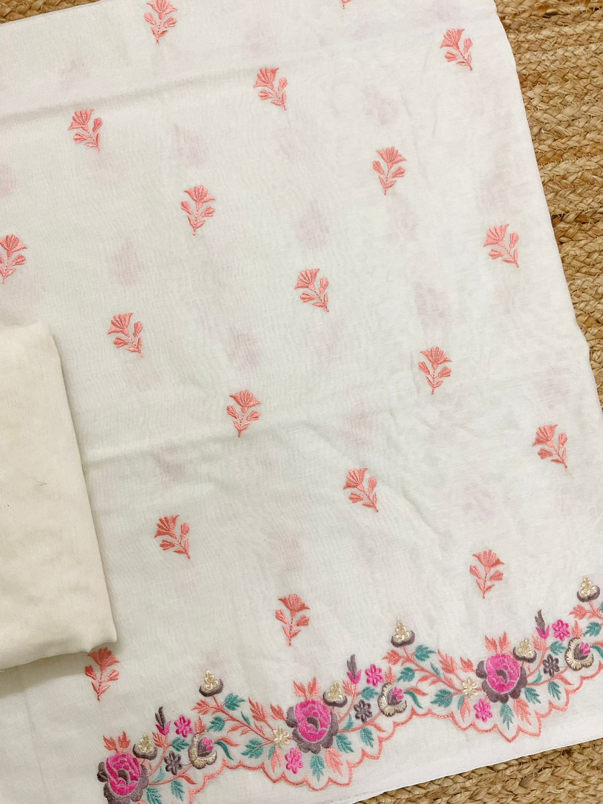 Pure Chanderi Embroidered Suit - Off White