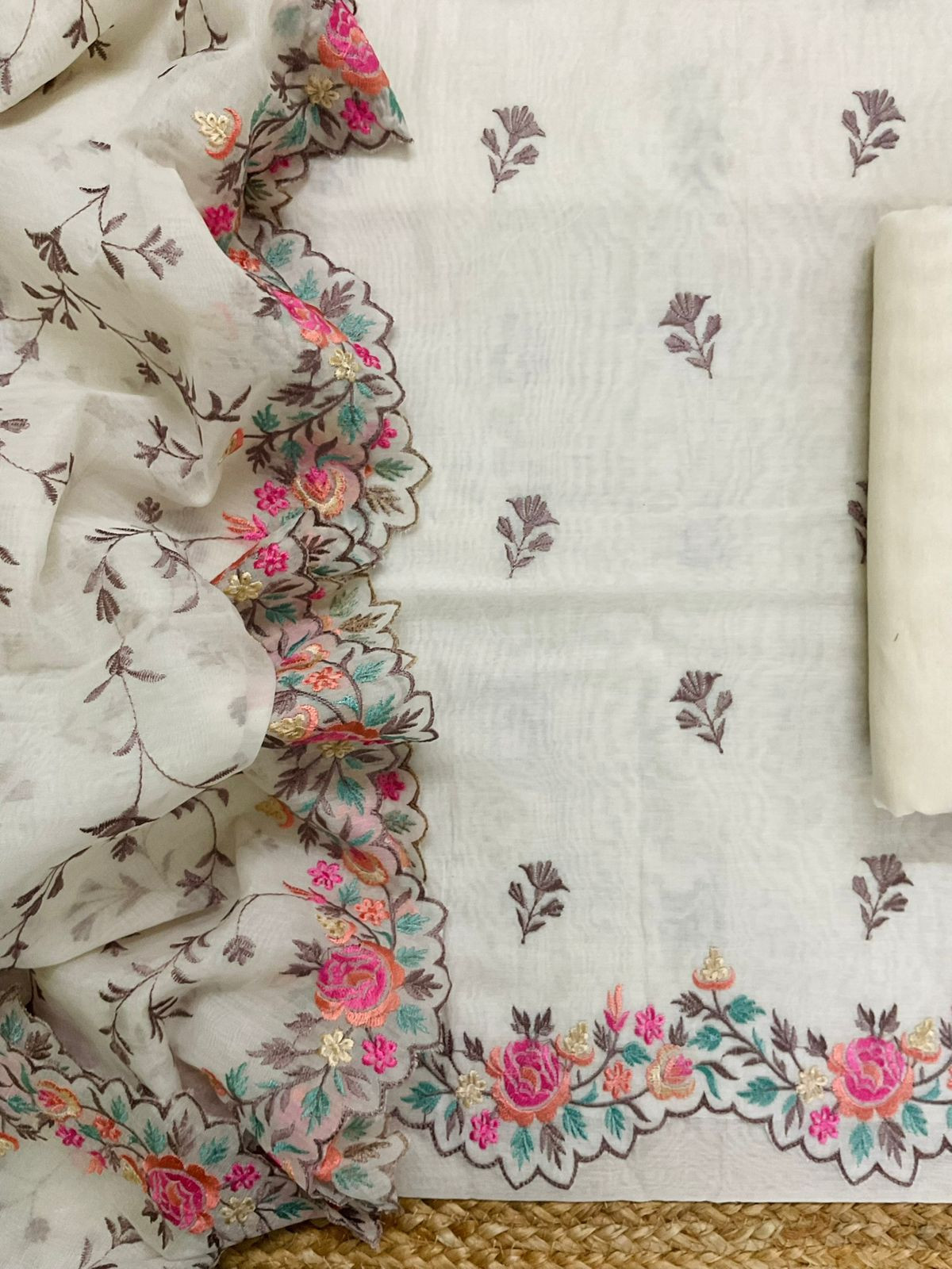 Pure Chanderi Embroidered Suit - Off White