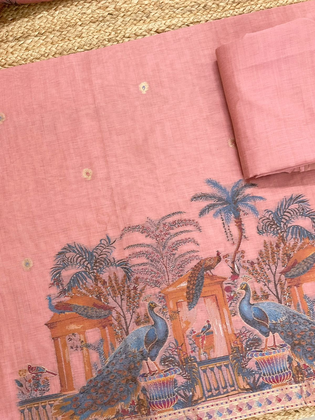 Soft Slub Chanderi Jamdani Weaved Suit - Pink