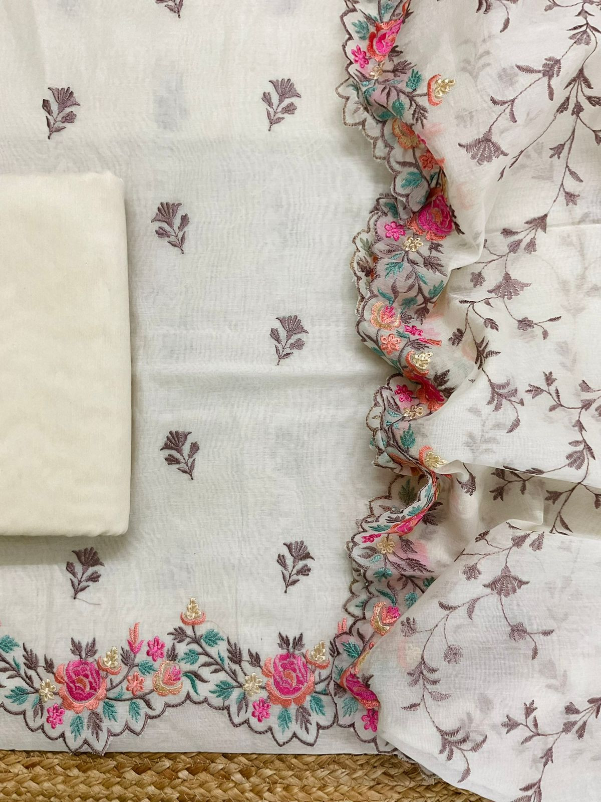 Pure Chanderi Embroidered Suit - Off White
