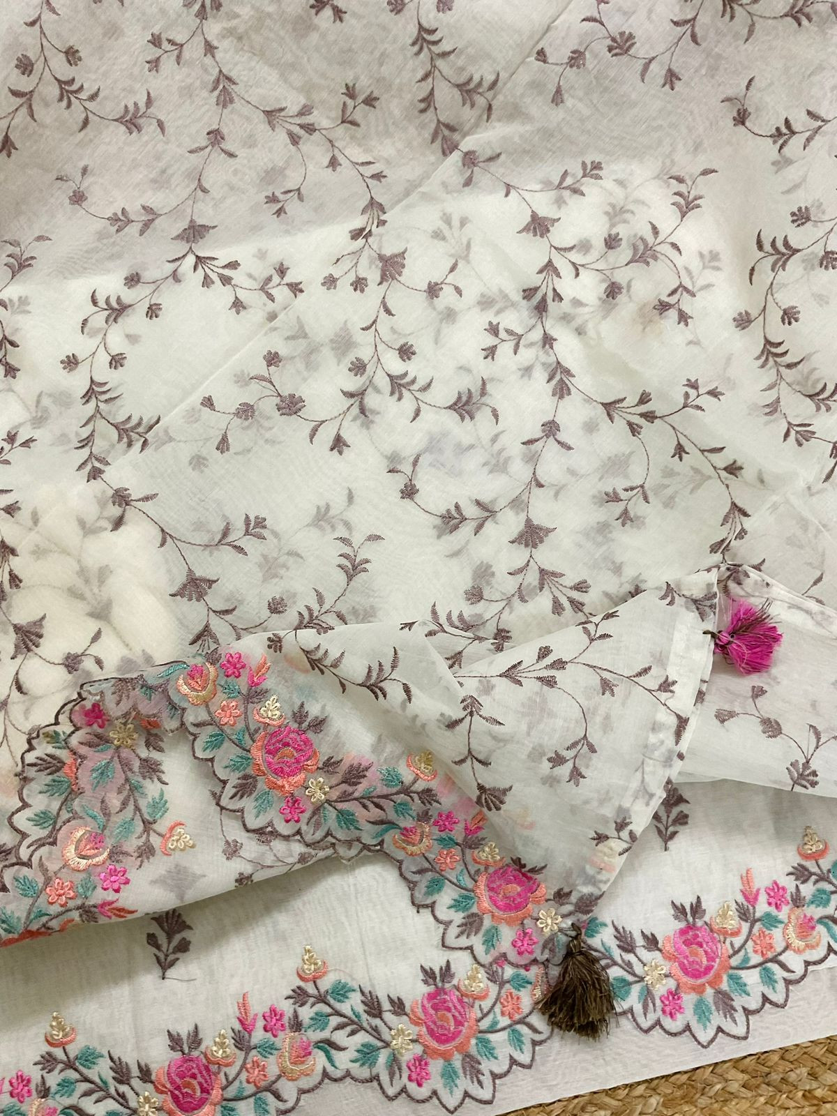 Pure Chanderi Embroidered Suit - Off White