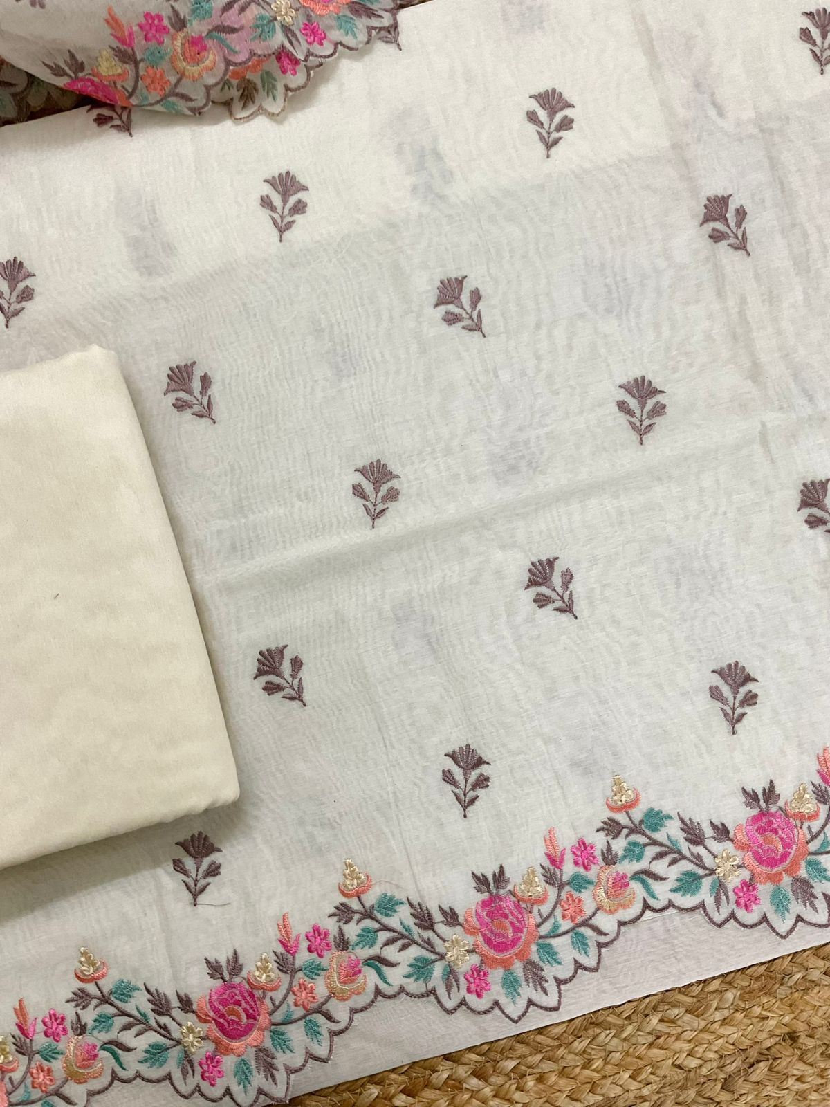 Pure Chanderi Embroidered Suit - Off White