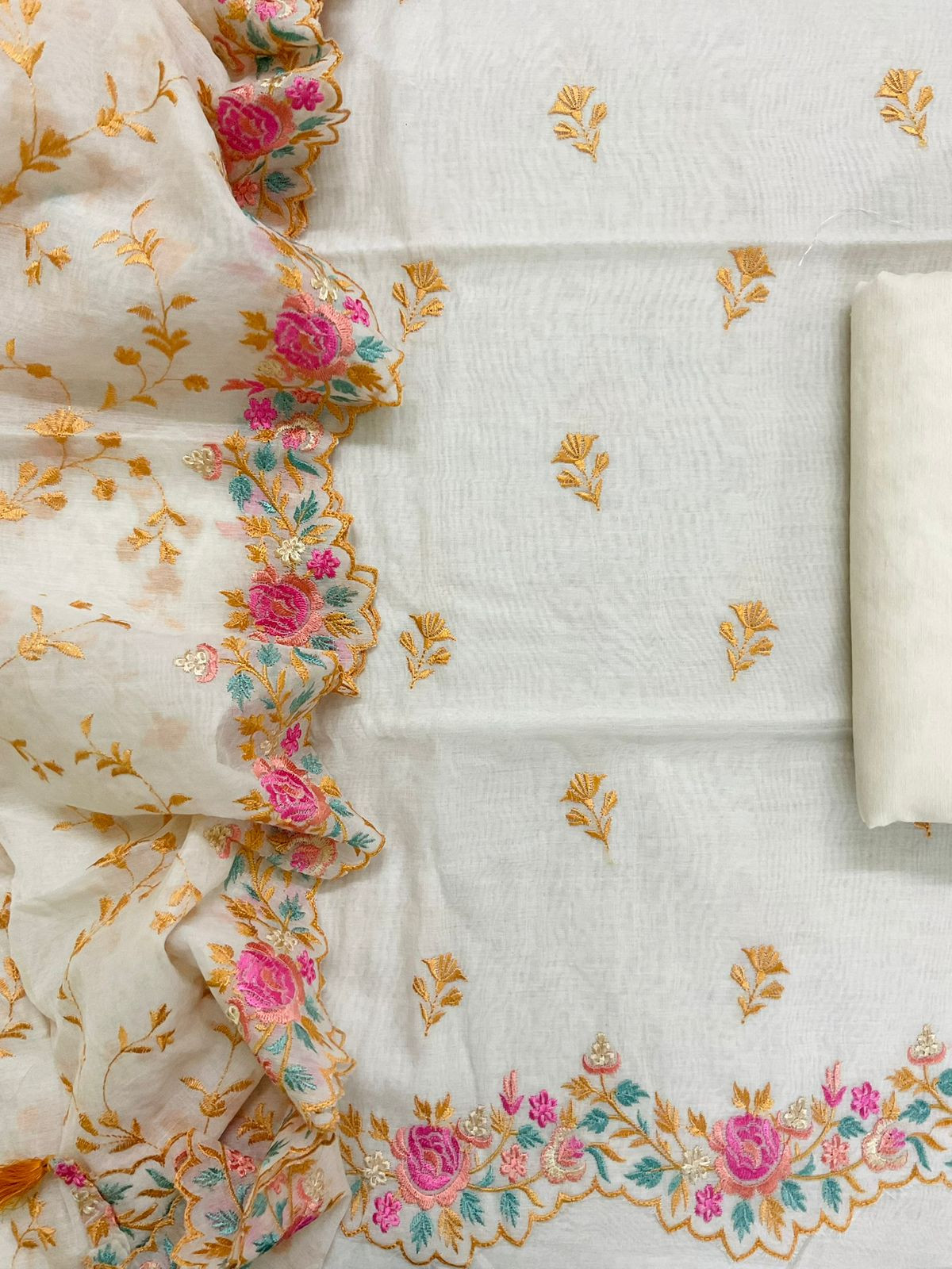 Pure Chanderi Embroidered Suit - Off White