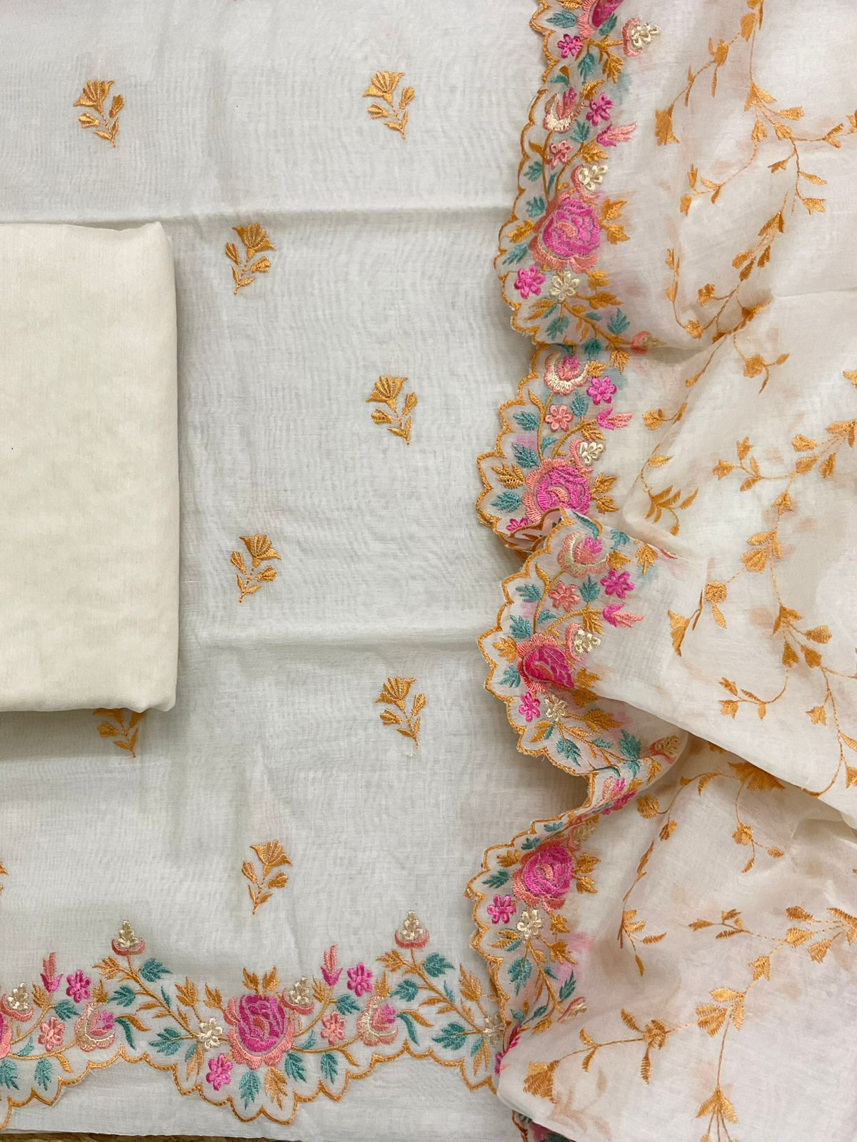 Pure Chanderi Embroidered Suit - Off White