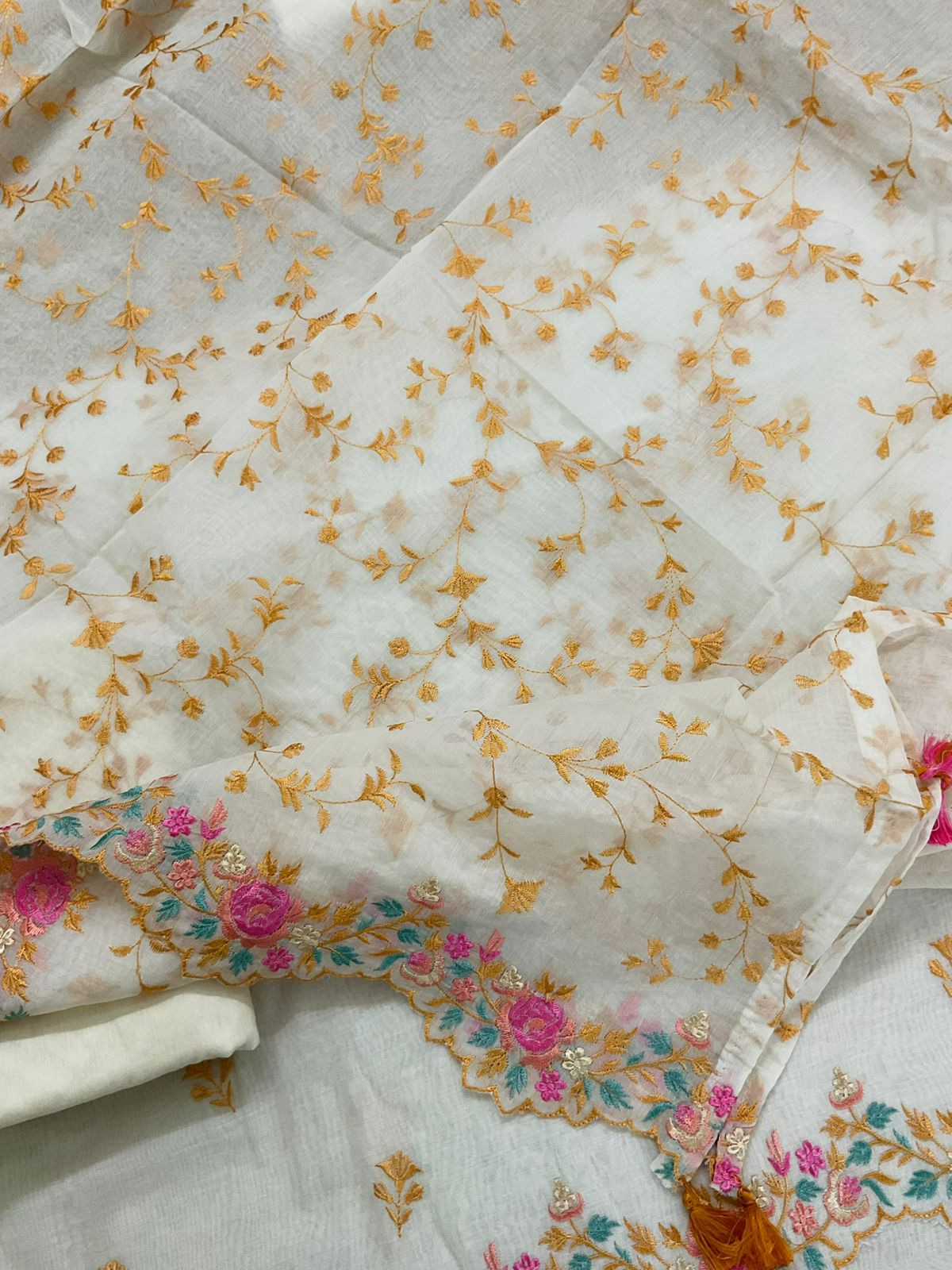 Pure Chanderi Embroidered Suit - Off White