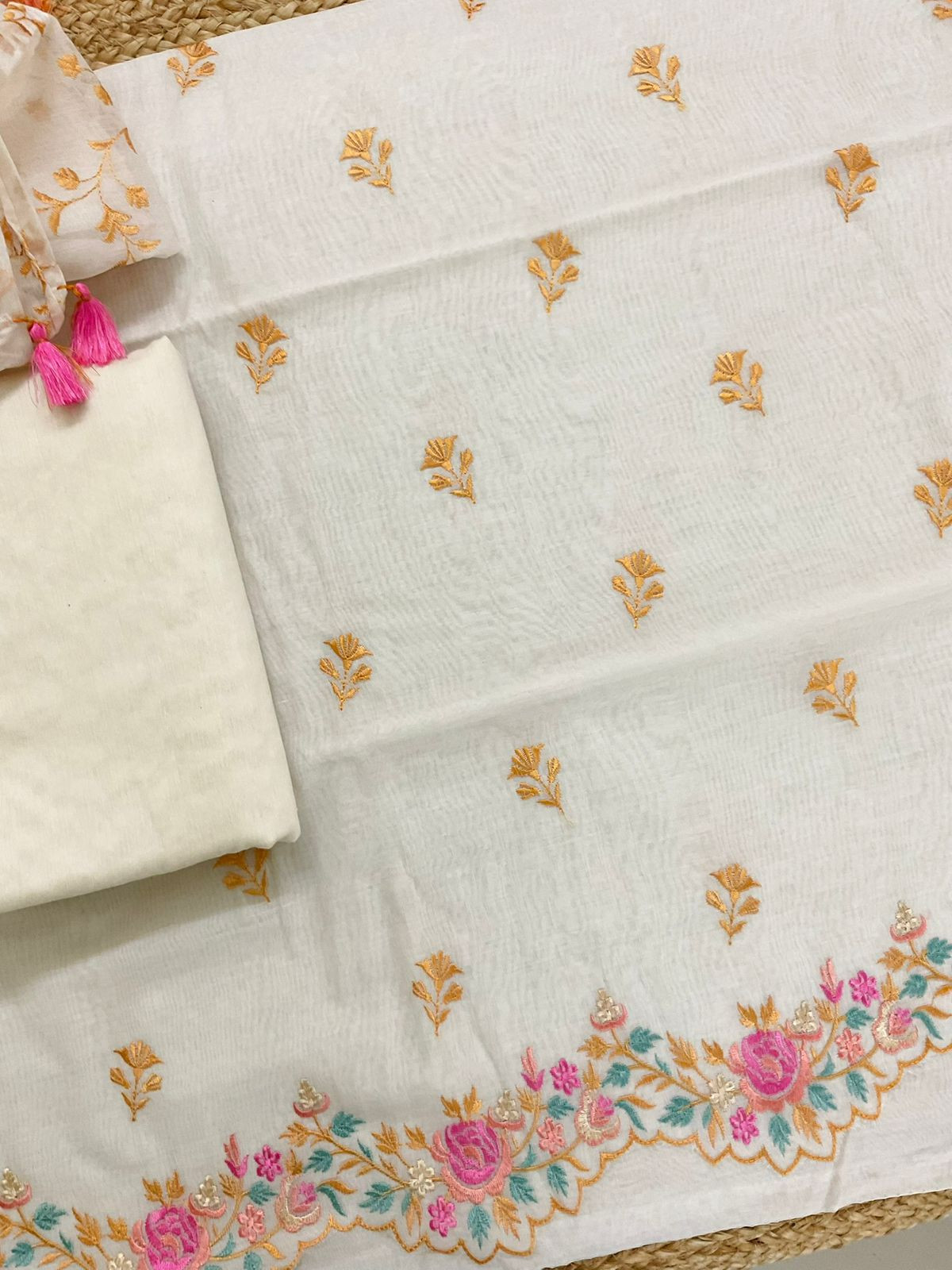 Pure Chanderi Embroidered Suit - Off White