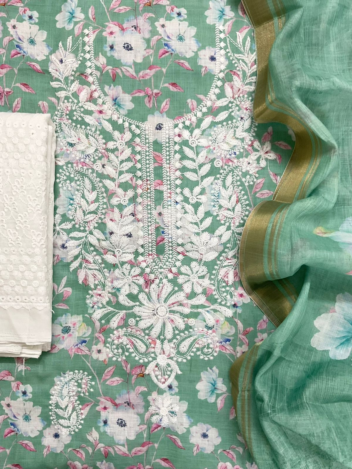 Soft Linen Jute Cotton Printed Embroidered Suit - Green