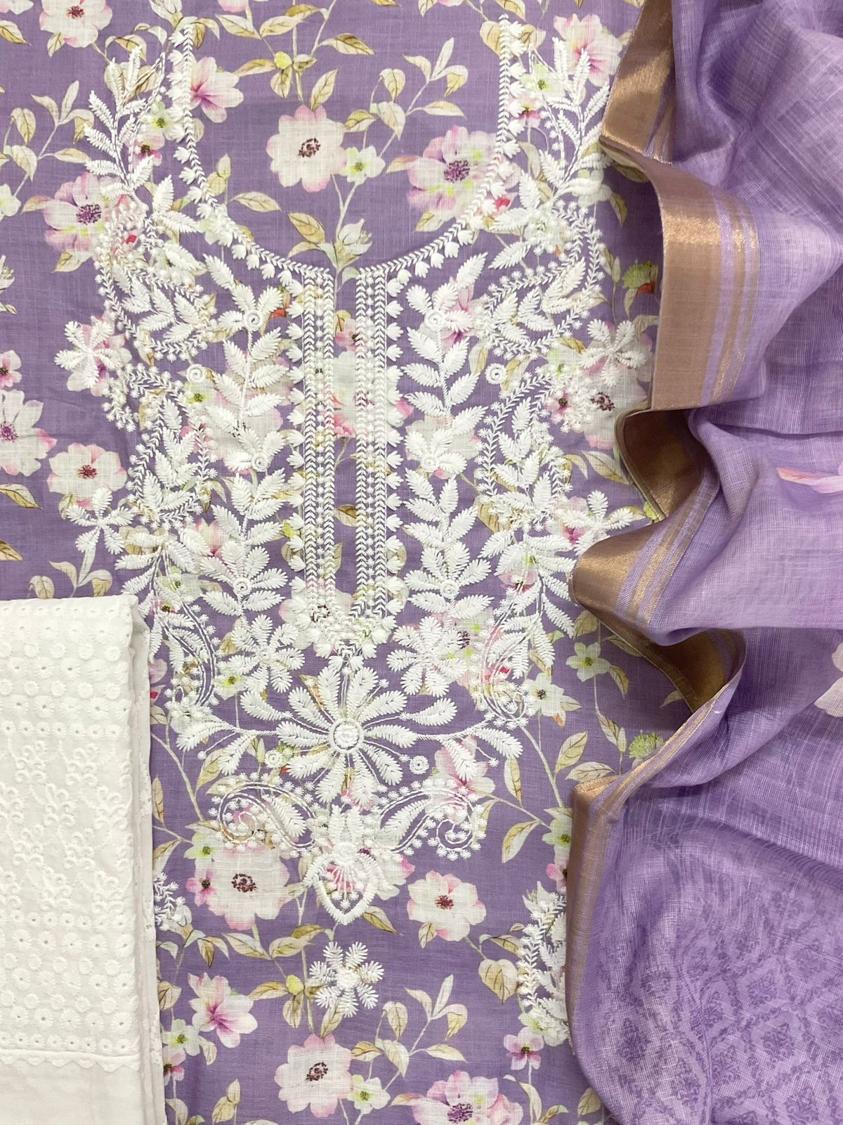 Soft Linen Jute Cotton Printed Embroidered Suit - Lavender