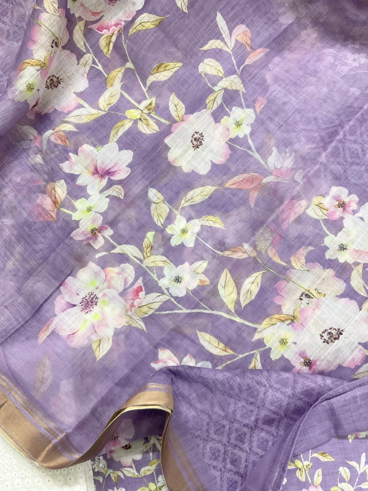 Soft Linen Jute Cotton Printed Embroidered Suit - Lavender