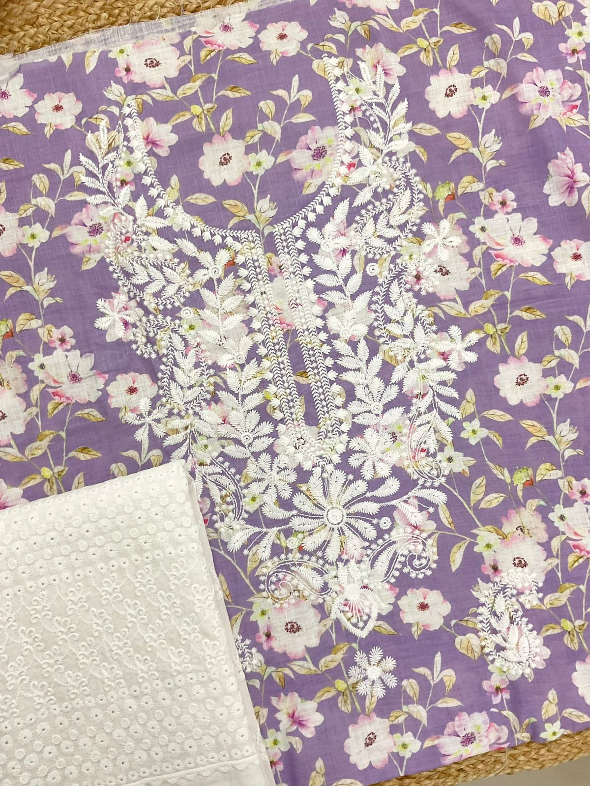 Soft Linen Jute Cotton Printed Embroidered Suit - Lavender