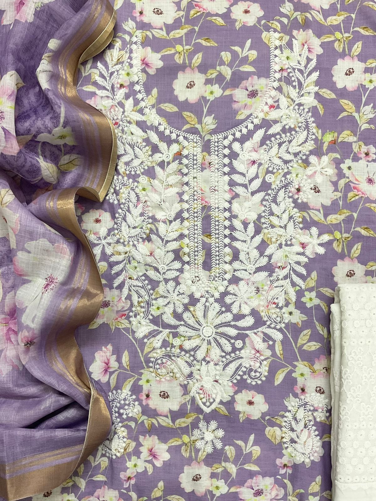 Soft Linen Jute Cotton Printed Embroidered Suit - Lavender