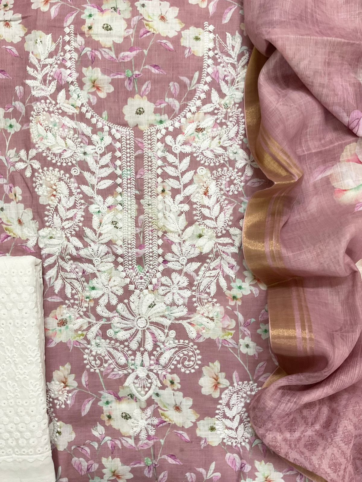 Soft Linen Jute Cotton Printed Embroidered Suit - Onion Pink