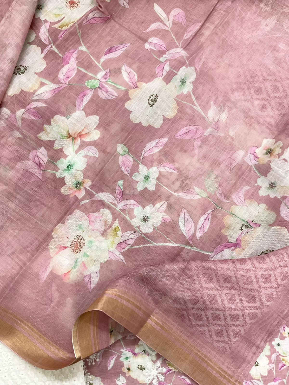 Soft Linen Jute Cotton Printed Embroidered Suit - Onion Pink
